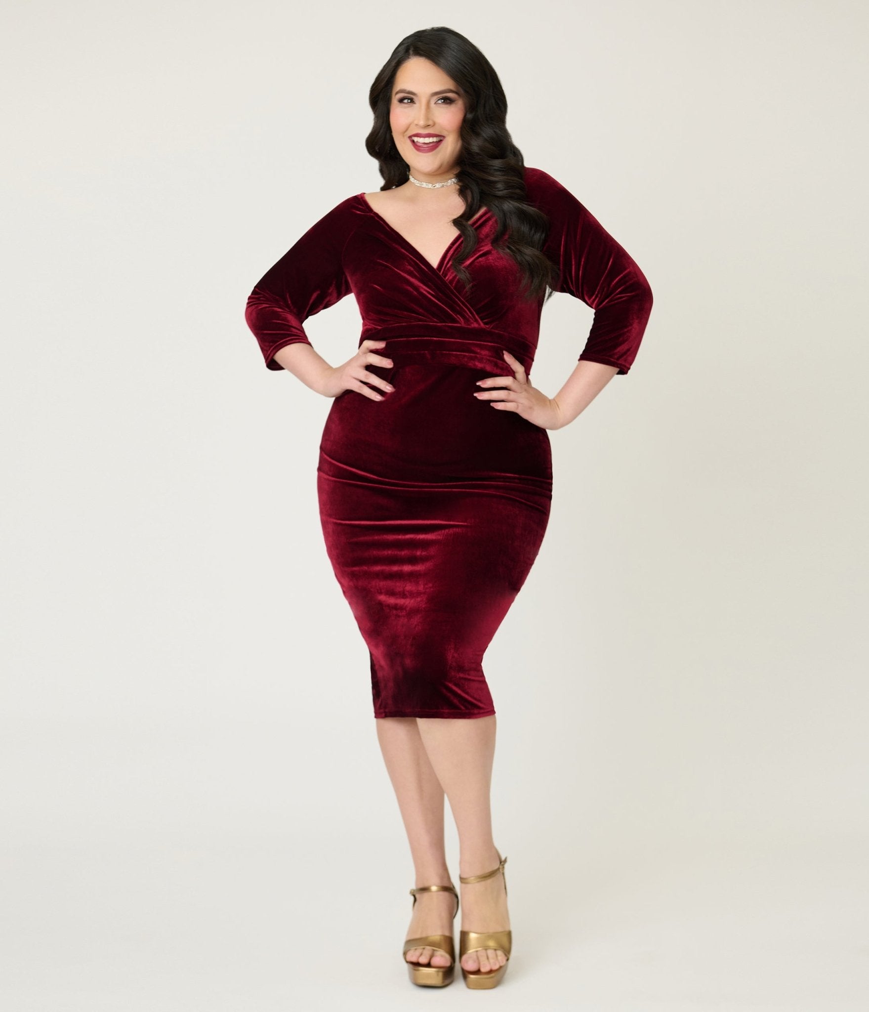 Unique Vintage Plus Size Burgundy Velvet Off the Shoulder Surplice Pencil Dress - Unique Vintage - Womens, DRESSES, WIGGLE
