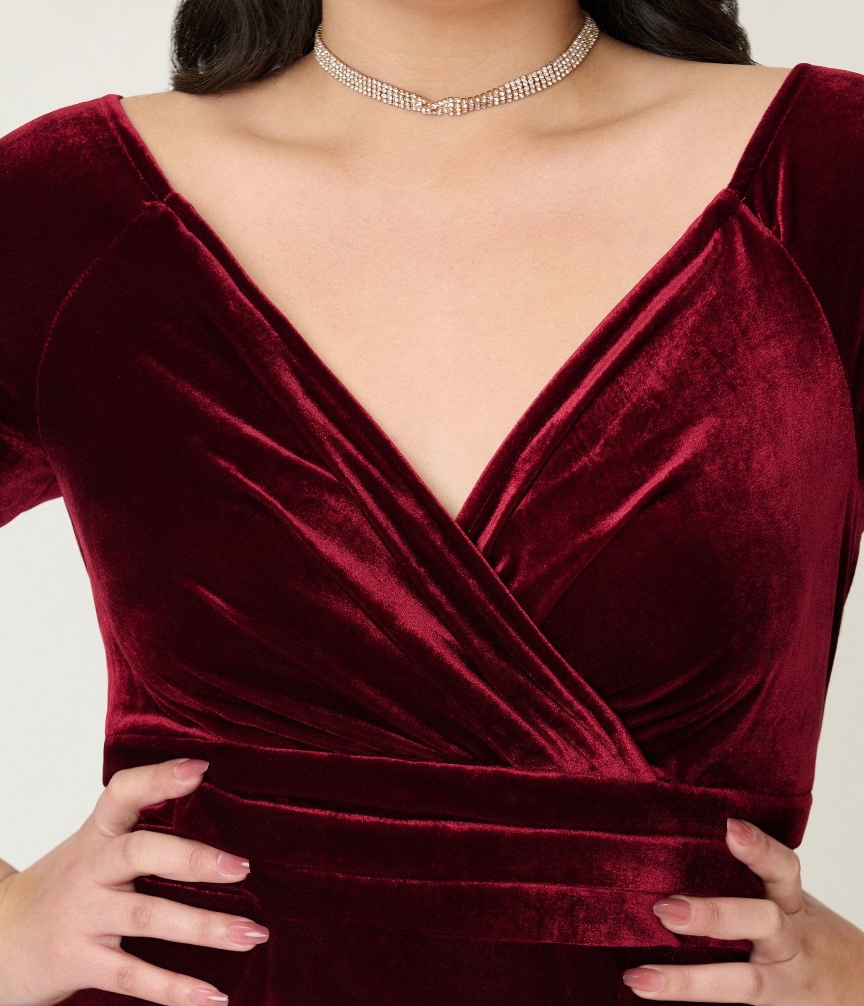 Unique Vintage Plus Size Burgundy Velvet Off the Shoulder Surplice Pencil Dress - Unique Vintage - Womens, DRESSES, WIGGLE