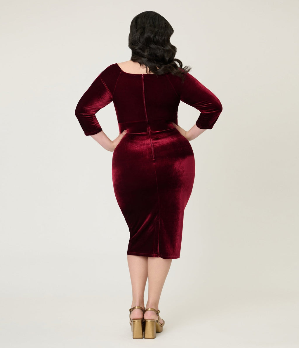 Unique Vintage Plus Size Burgundy Velvet Off the Shoulder Surplice Pencil Dress - Unique Vintage - Womens, DRESSES, WIGGLE