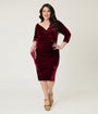 Unique Vintage Plus Size Burgundy Velvet Off the Shoulder Surplice Pencil Dress