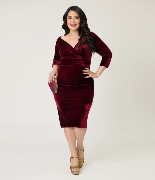 burgundy velvet plus size dress Unique Vintage Plus Size Burgundy Velvet Off the Shoulder Surplice Pen