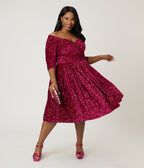Unique Vintage Plus Size Burgundy Velvet Sequin Marceline Swing Dress - Unique Vintage - Womens, DRESSES, SWING