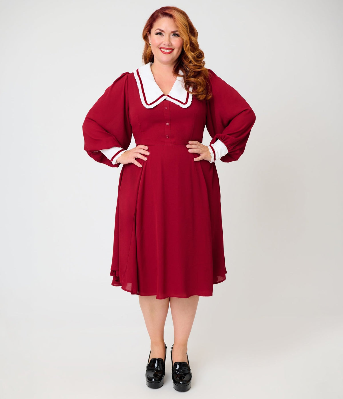 Unique Vintage Plus Size Burgundy & White Pilgrim Collar Wendy Swing Dress - Unique Vintage - Swing Dress