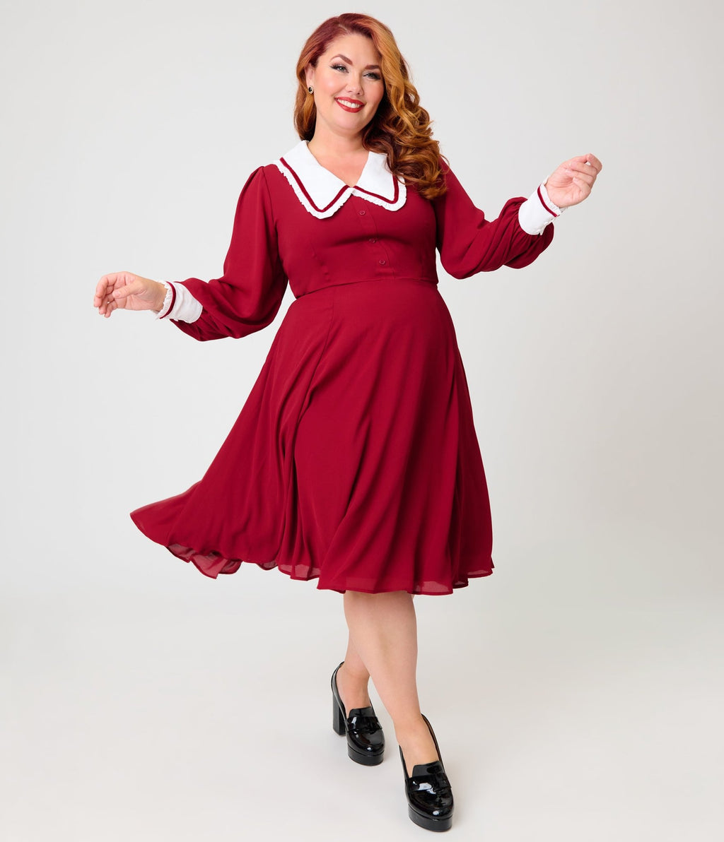 Unique Vintage Plus Size Burgundy & White Pilgrim Collar Wendy Swing Dress - Unique Vintage - Swing Dress