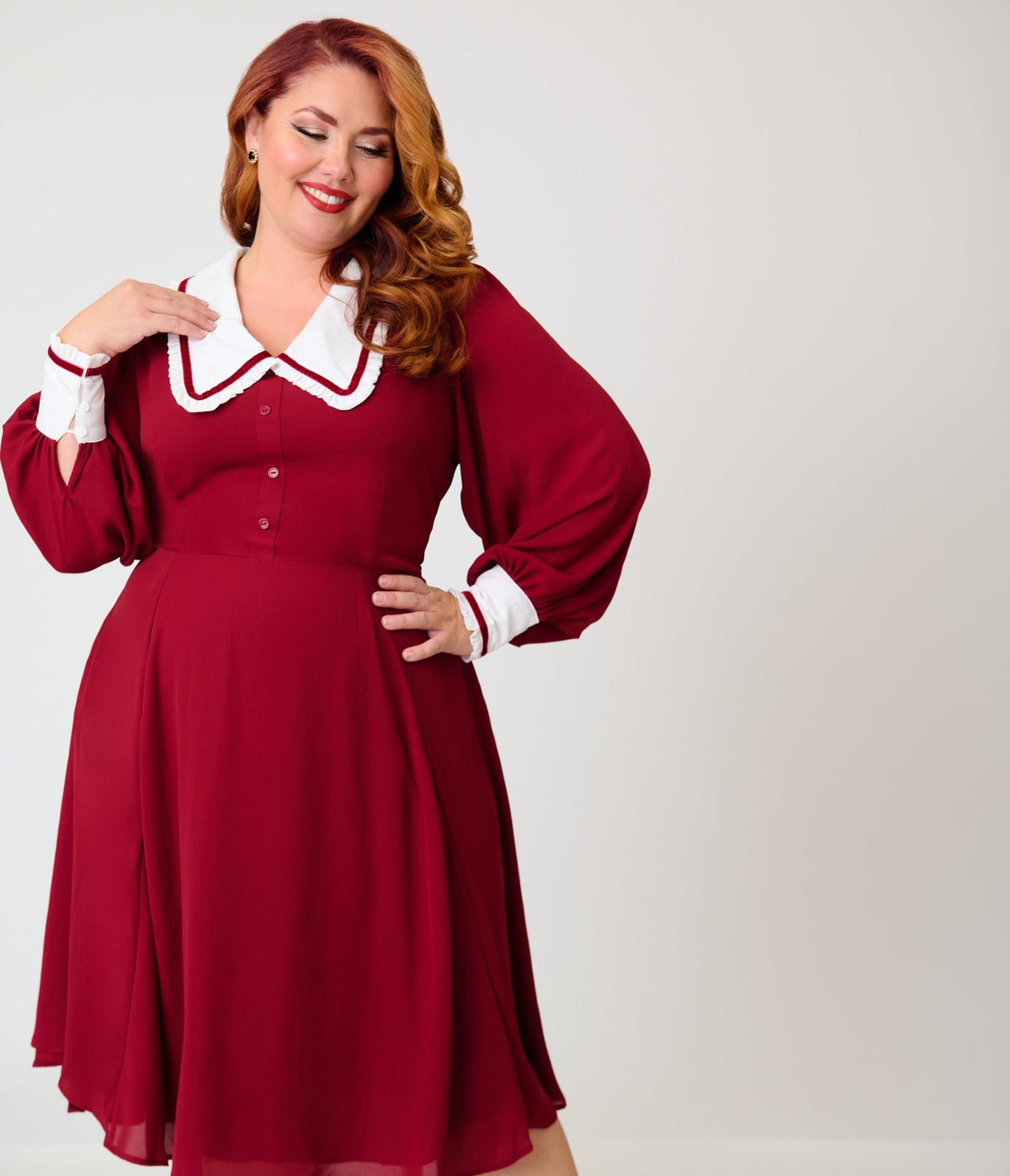 Unique Vintage Plus Size Burgundy & White Pilgrim Collar Wendy Swing Dress - Unique Vintage - Swing Dress