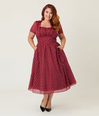 Unique Vintage Plus Size Burgundy & White Swiss Dot Libby Swing Dress - Unique Vintage - Womens, DRESSES, SWING