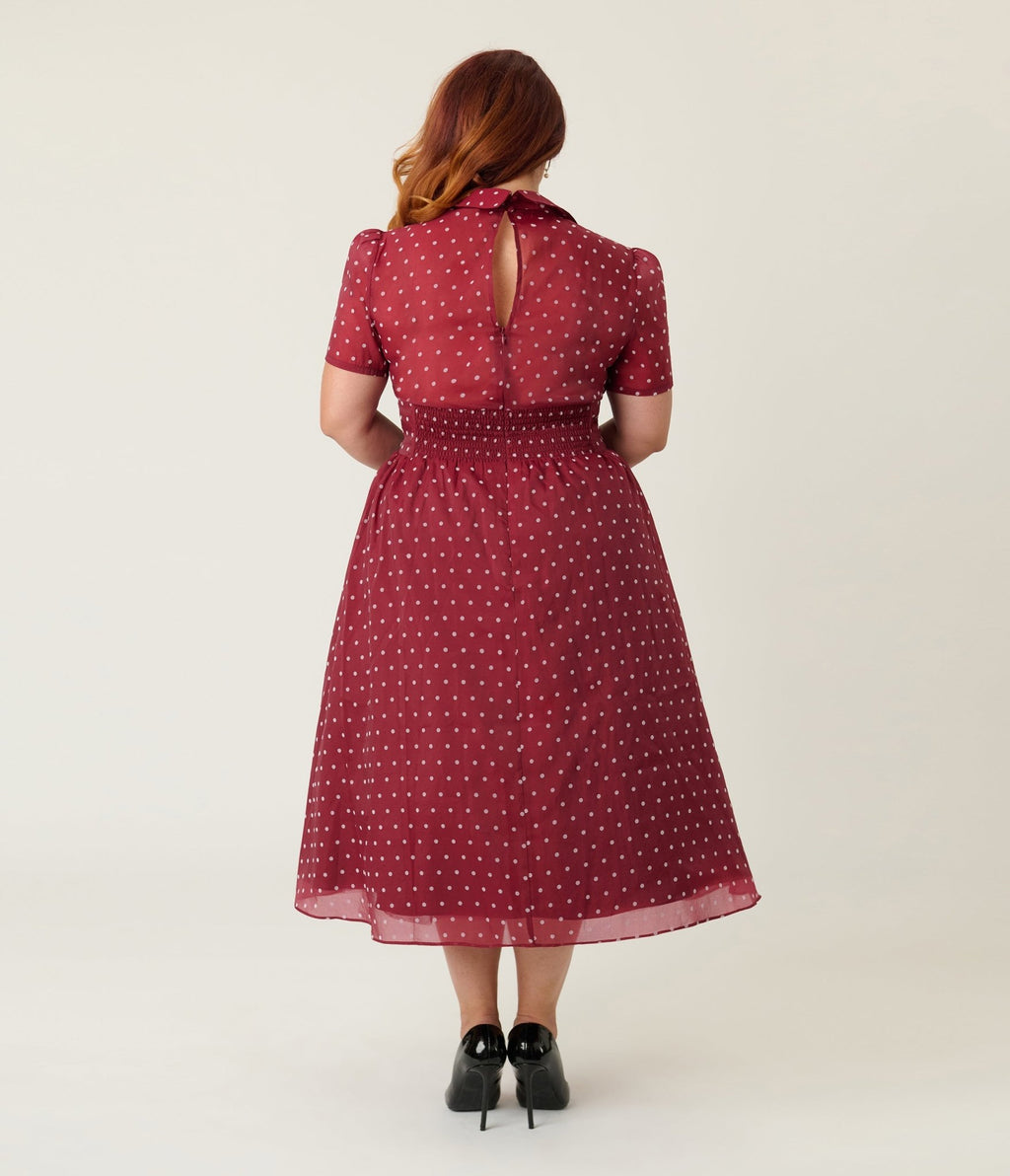 Unique Vintage Plus Size Burgundy & White Swiss Dot Libby Swing Dress - Unique Vintage - Womens, DRESSES, SWING