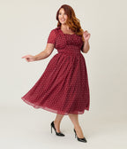 Unique Vintage Plus Size Burgundy & White Swiss Dot Libby Swing Dress - Unique Vintage - Womens, DRESSES, SWING