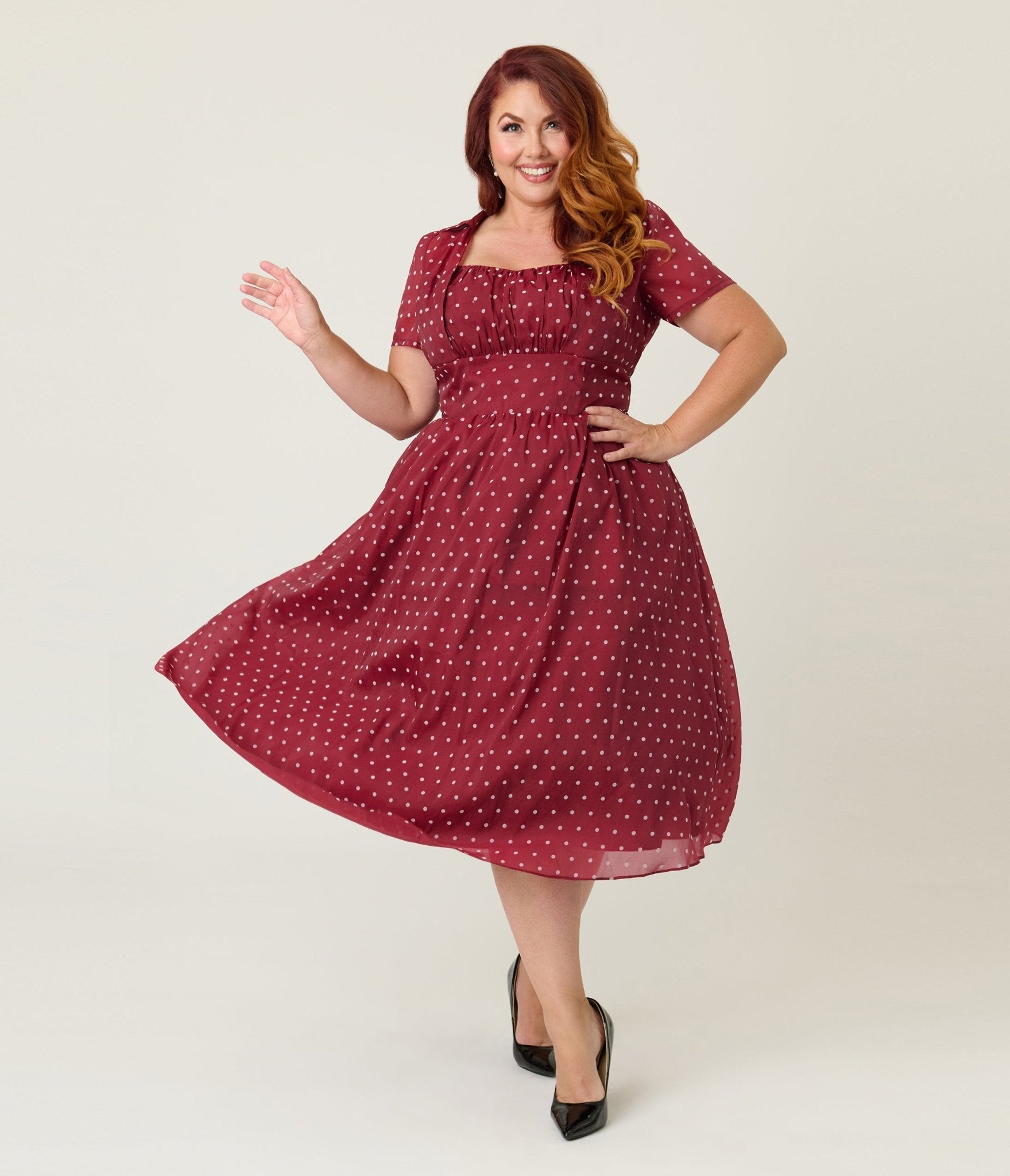 Plus Burgundy & Swiss Dot Libby Swing Dress