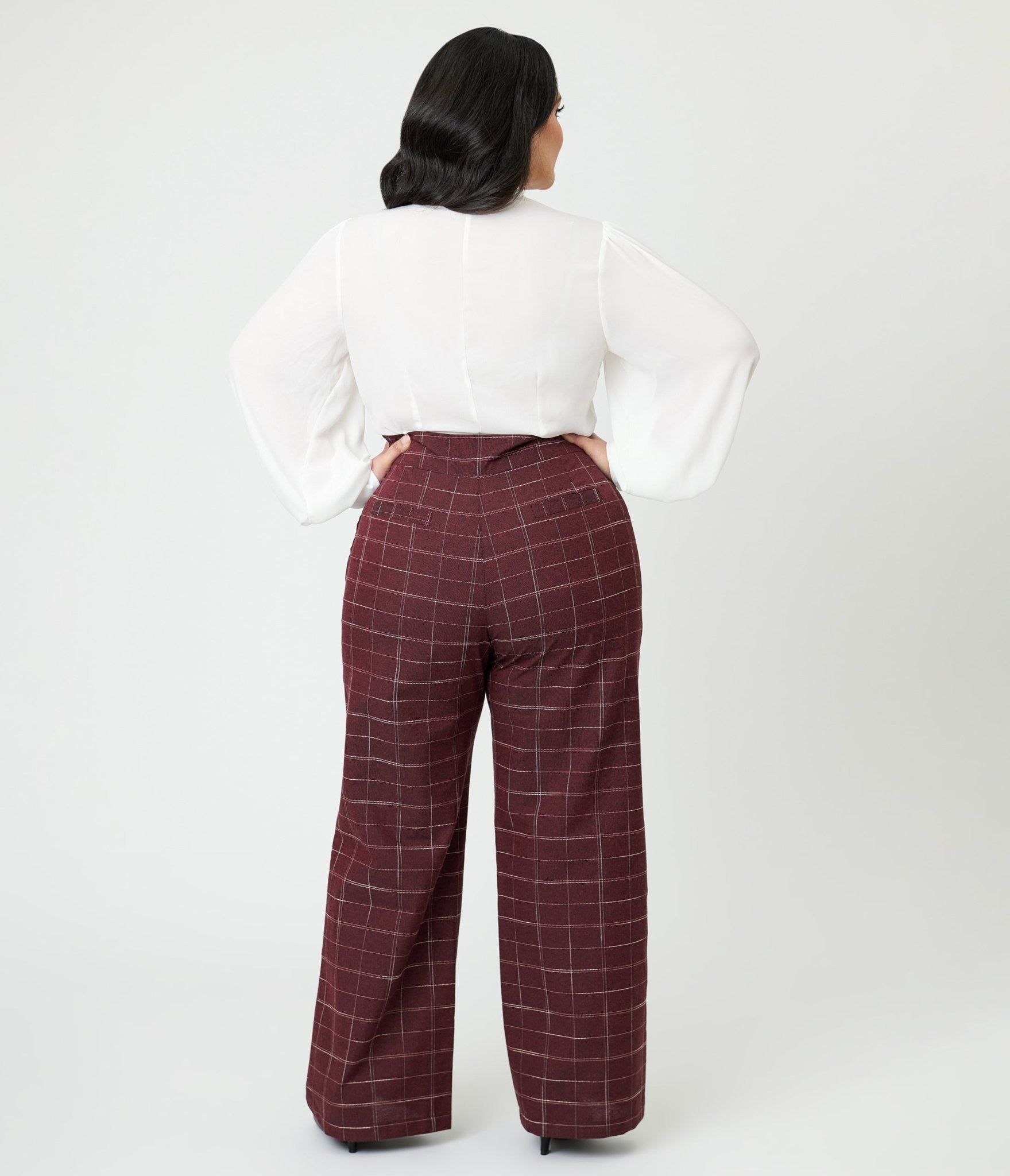 Unique Vintage Plus Size Burgundy Windowpane Plaid Sailor Ginger Pants - Unique Vintage - Womens, BOTTOMS, PANTS
