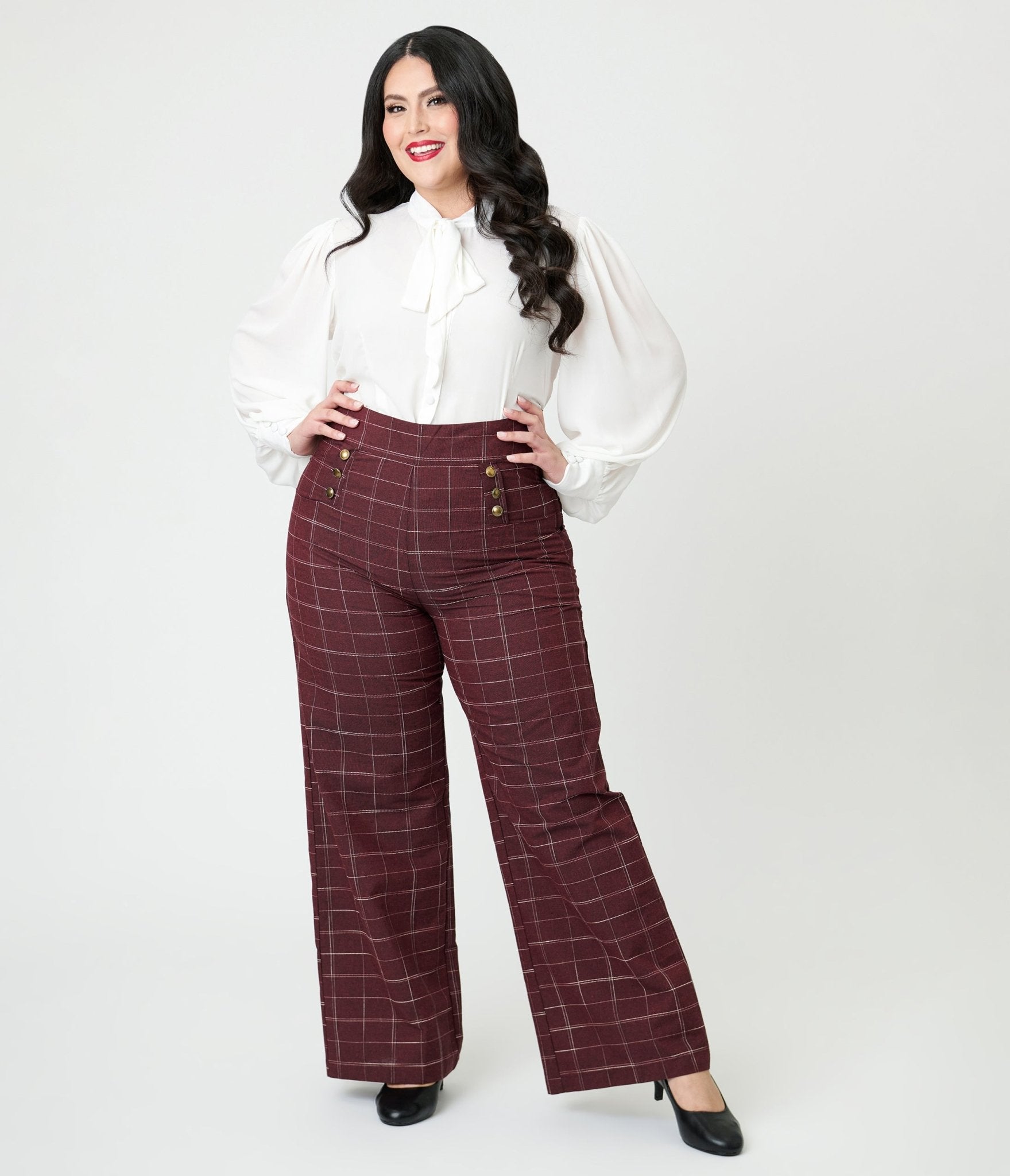 Unique Vintage Plus Size Burgundy Windowpane Plaid Sailor Ginger Pants - Unique Vintage - Womens, BOTTOMS, PANTS