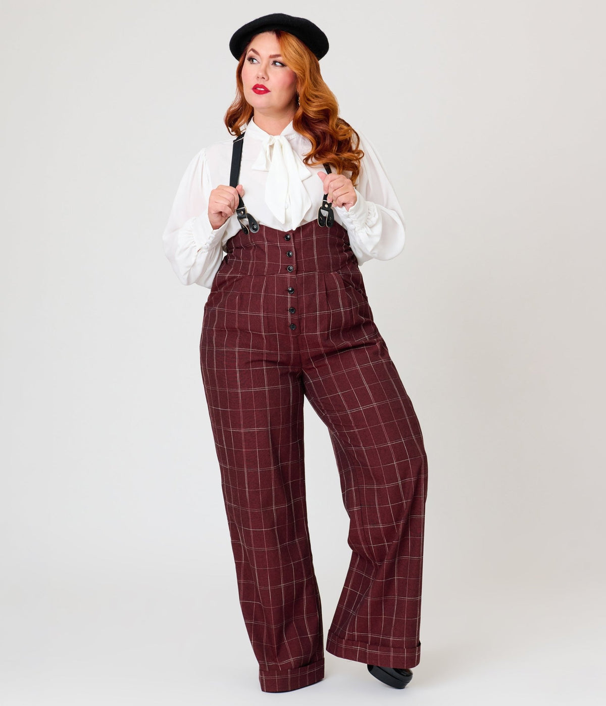 Unique Vintage Plus Size Burgundy Windowpane Thelma Suspender Pants - Unique Vintage - Pants