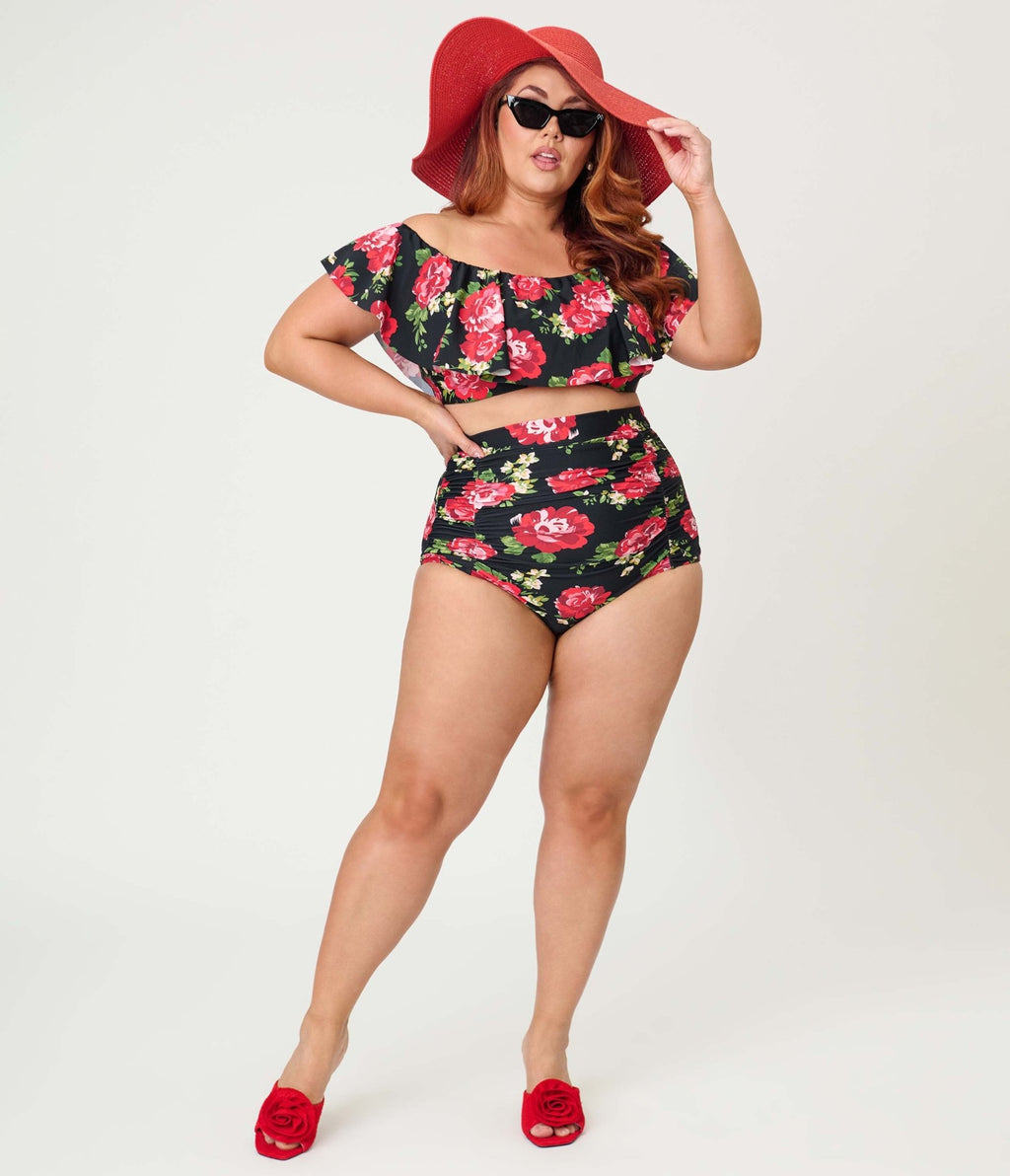 Unique Vintage Plus Size Cabbage Roses Monroe High Waist Swim Bottom - Unique Vintage - Womens, SWIM, BOTTOM