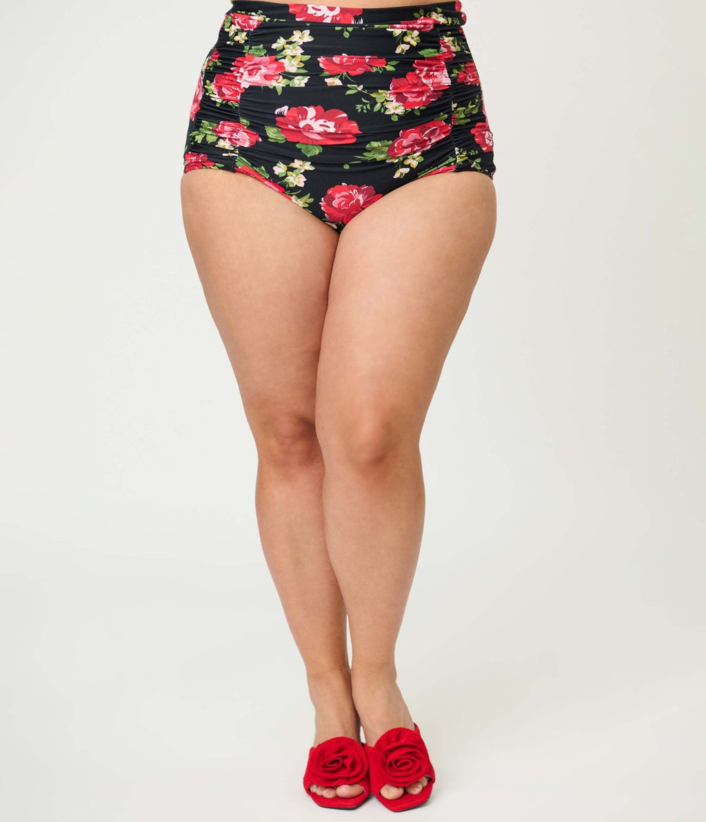 Unique Vintage Plus Size Cabbage Roses Monroe High Waist Swim Bottom - Unique Vintage - Womens, SWIM, BOTTOM