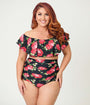 Unique Vintage Plus Size Cabbage Roses Ruffled Ramona Swim Top
