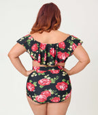 Unique Vintage Plus Size Cabbage Roses Ruffled Ramona Swim Top - Unique Vintage - Womens, SWIM, TOP