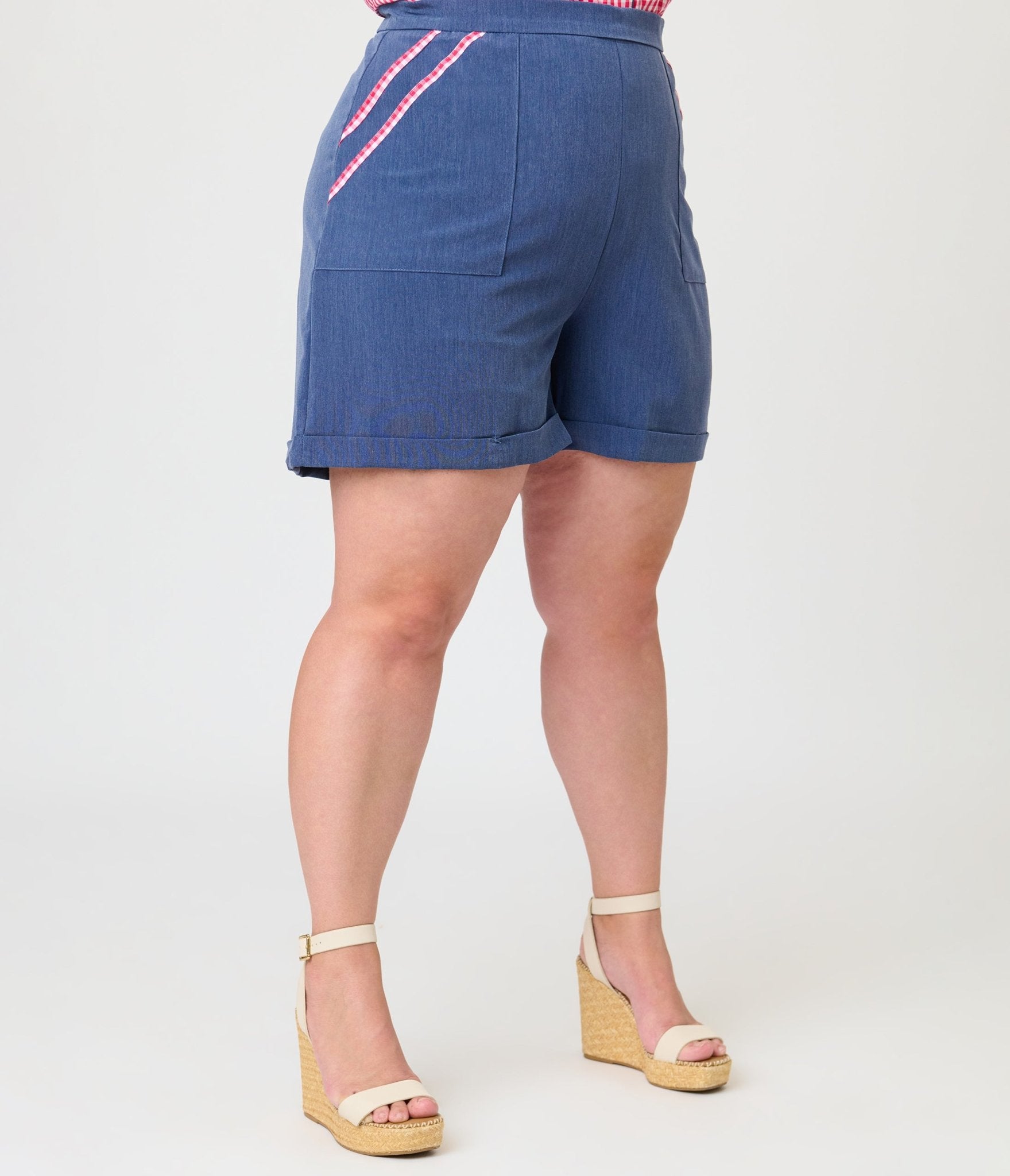 Unique Vintage Plus Size Chambray & Hot Pink Gingham High Waist Shorts - Unique Vintage - Womens, BOTTOMS, SHORTS