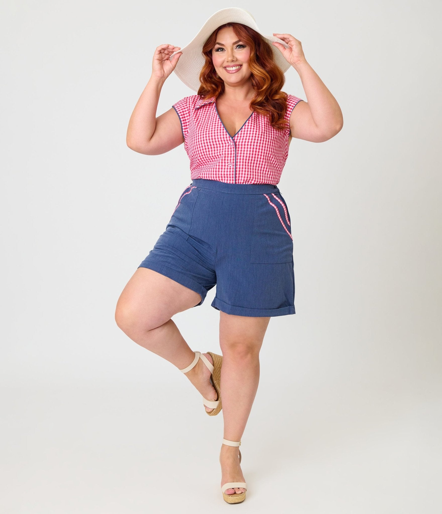 Unique Vintage Plus Size Chambray & Hot Pink Gingham High Waist Shorts - Unique Vintage - Womens, BOTTOMS, SHORTS