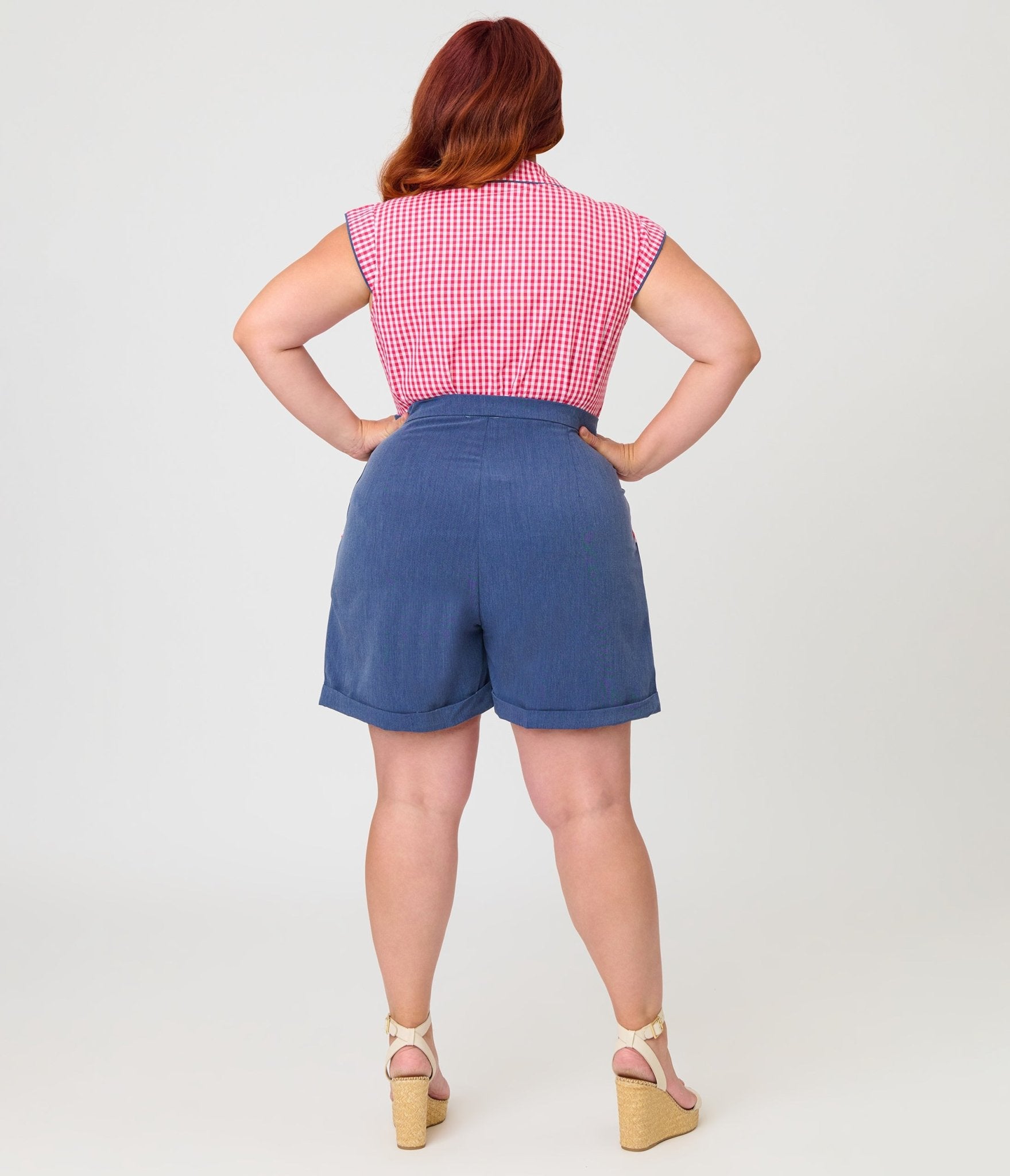 Unique Vintage Plus Size Chambray & Hot Pink Gingham High Waist Shorts - Unique Vintage - Womens, BOTTOMS, SHORTS