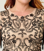 Unique Vintage Plus Size Champagne & Black Beaded Fringe Sleeve Nadine Flapper Dress - Unique Vintage - Womens, FLAPPER, SLEEVED BEADED