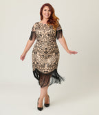 Unique Vintage Plus Size Champagne & Black Beaded Fringe Sleeve Nadine Flapper Dress - Unique Vintage - Womens, FLAPPER, SLEEVED BEADED