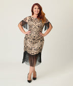 Unique Vintage Plus Size Champagne & Black Beaded Fringe Sleeve Nadine Flapper Dress - Unique Vintage - Womens, FLAPPER, SLEEVED BEADED