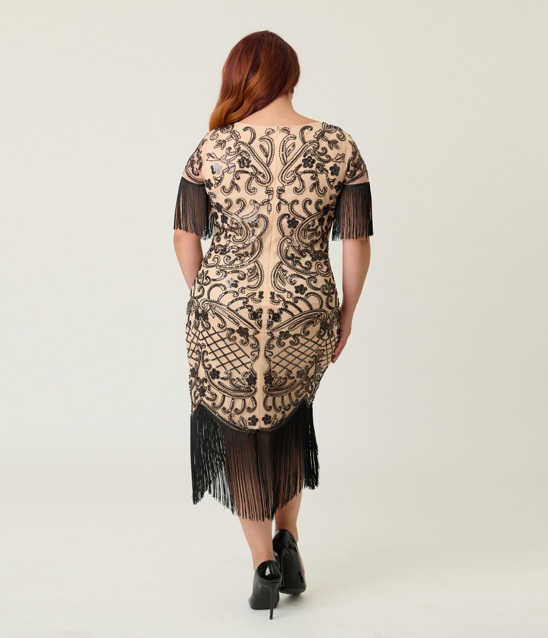 Unique Vintage Plus Size Champagne & Black Beaded Fringe Sleeve Nadine Flapper Dress - Unique Vintage - Womens, FLAPPER, SLEEVED BEADED