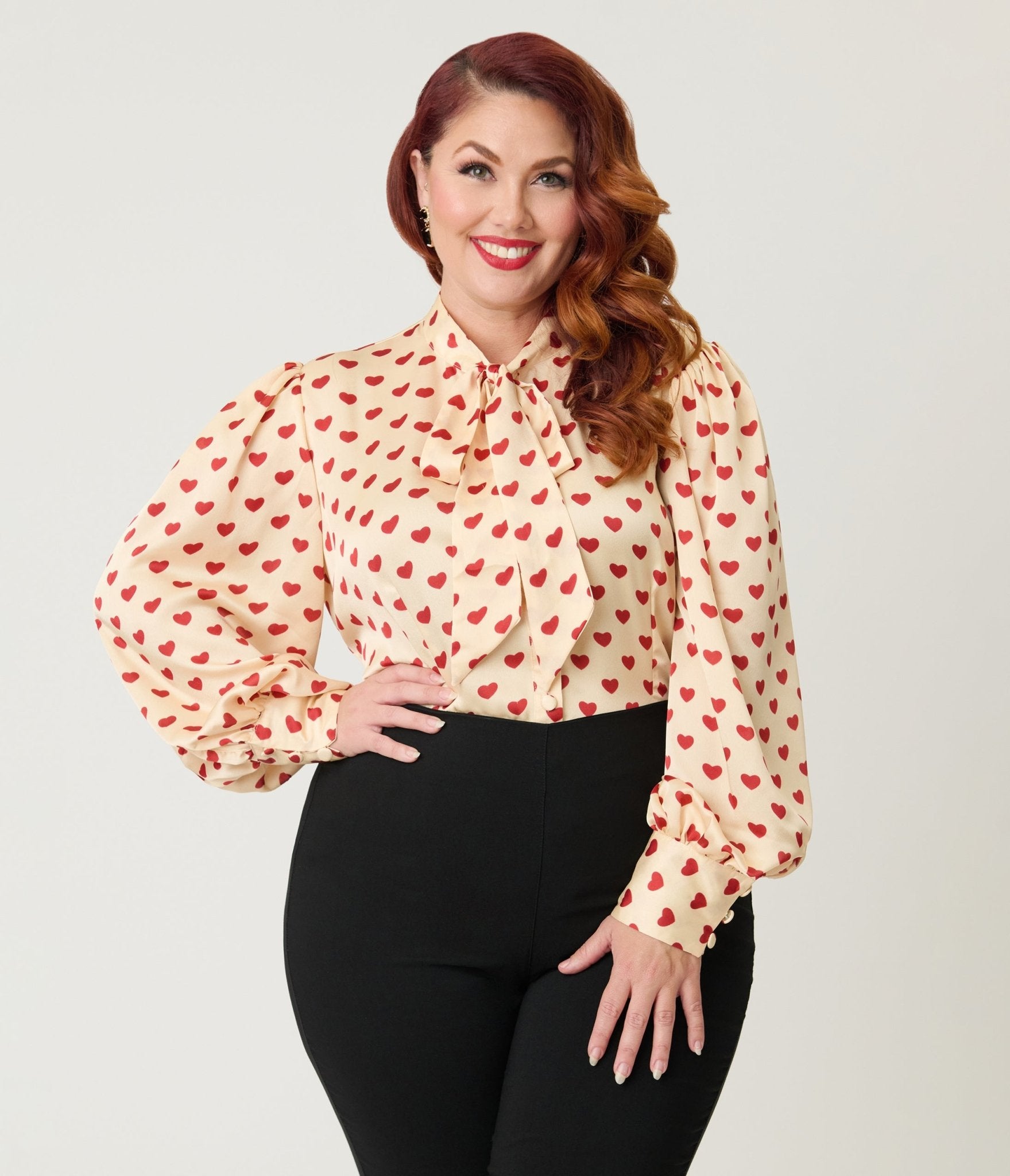 Unique Vintage Plus Size Champagne & Red Hearts Long Sleeve Gwen Blous