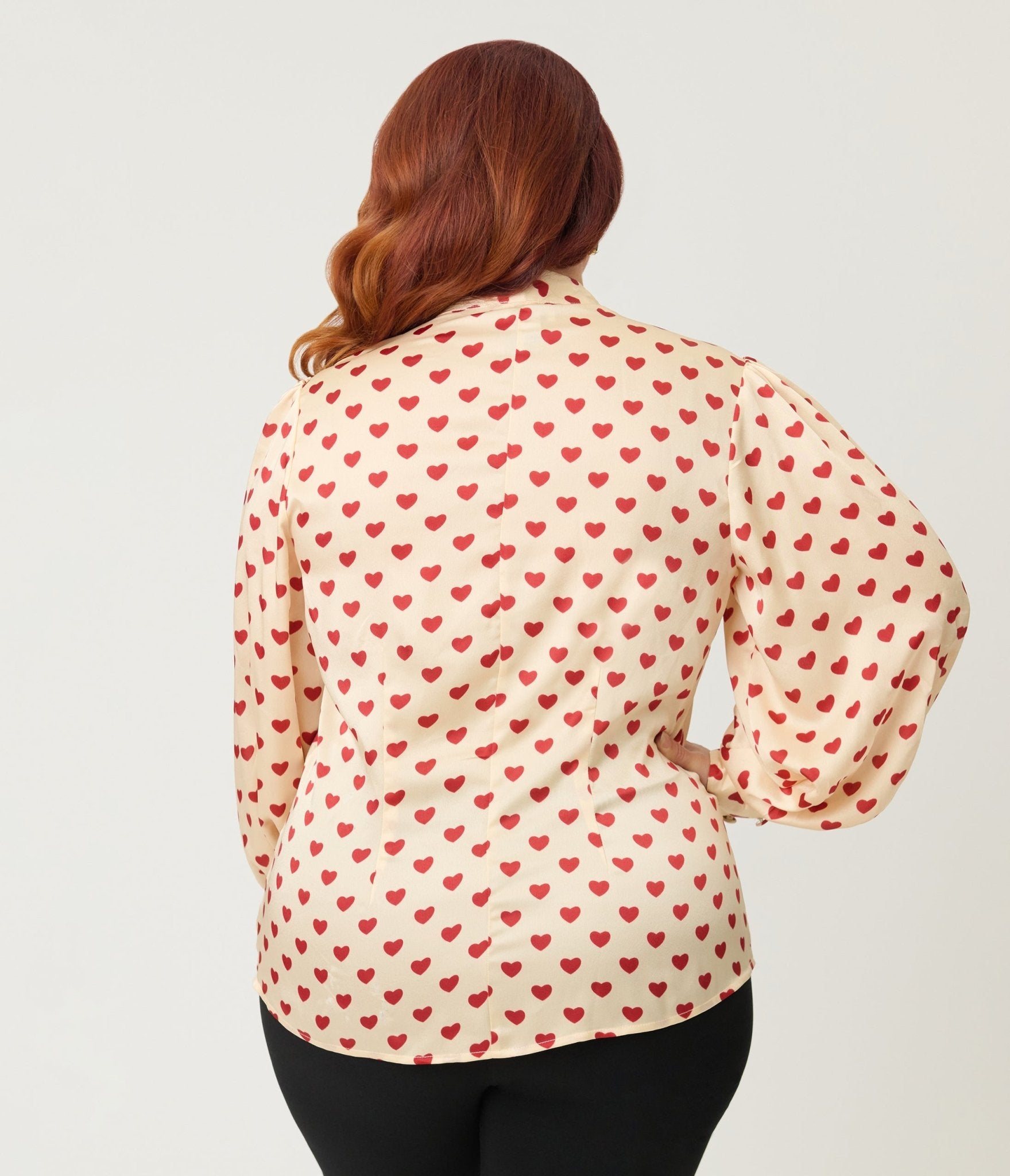 Unique Vintage Plus Size Champagne & Red Hearts Long Sleeve Gwen Blous