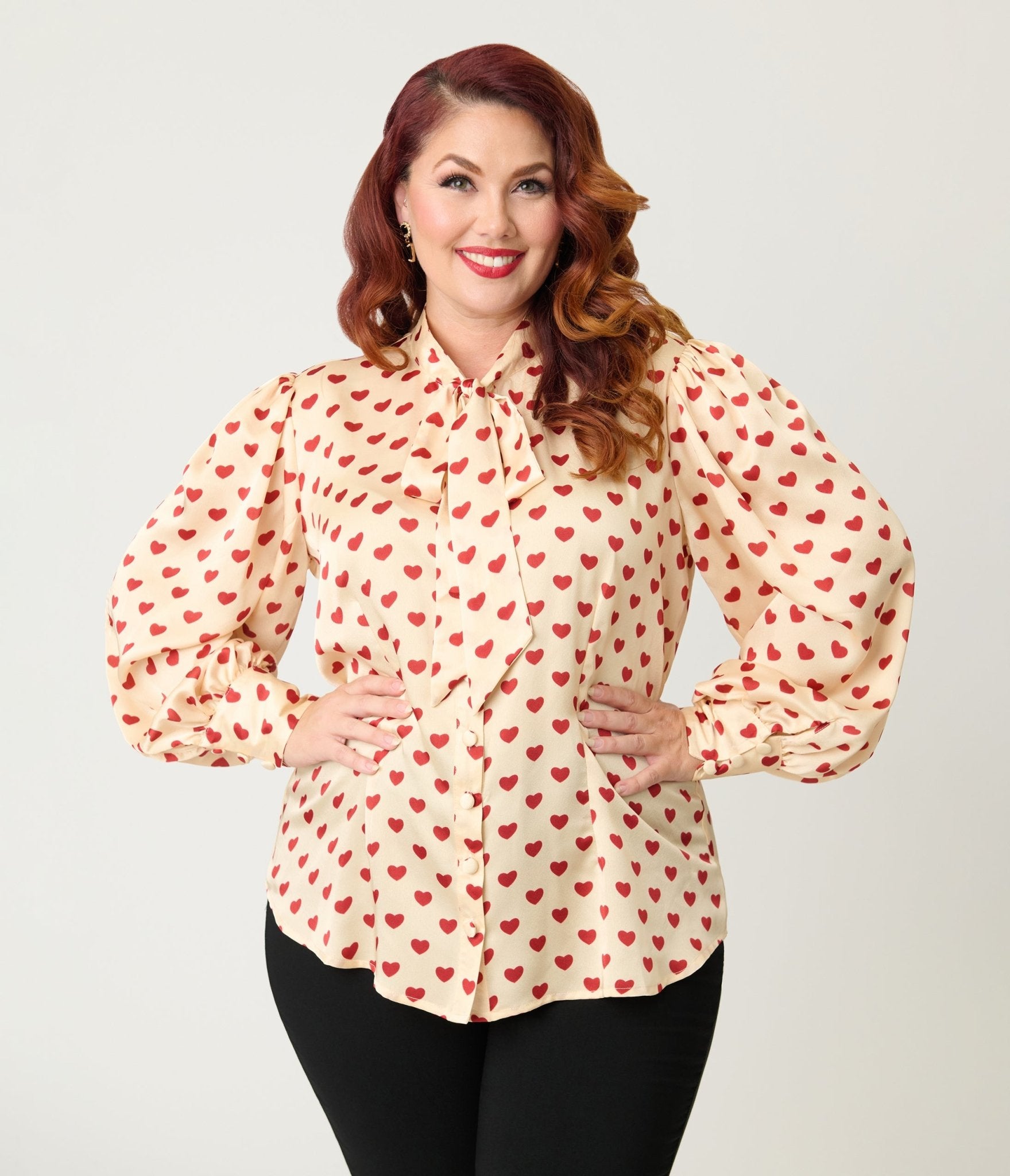 Unique Vintage Plus Size Champagne & Red Hearts Long Sleeve Gwen Blous