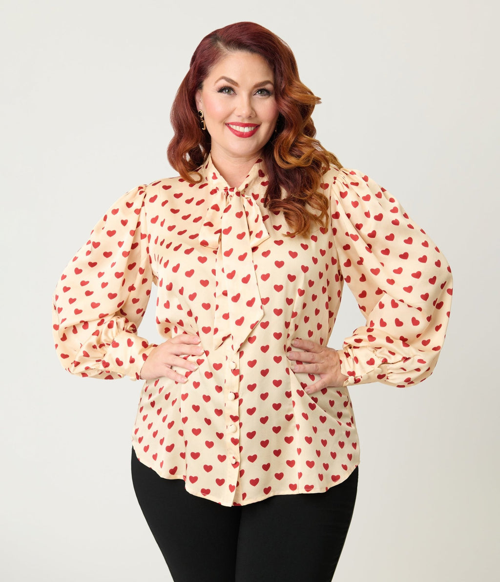 Unique Vintage Plus Size Champagne & Red Hearts Long Sleeve Gwen Blouse - Unique Vintage - Womens, TOPS, WOVEN TOPS