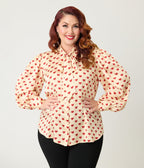 Unique Vintage Plus Size Champagne & Red Hearts Long Sleeve Gwen Blouse - Unique Vintage - Womens, TOPS, WOVEN TOPS