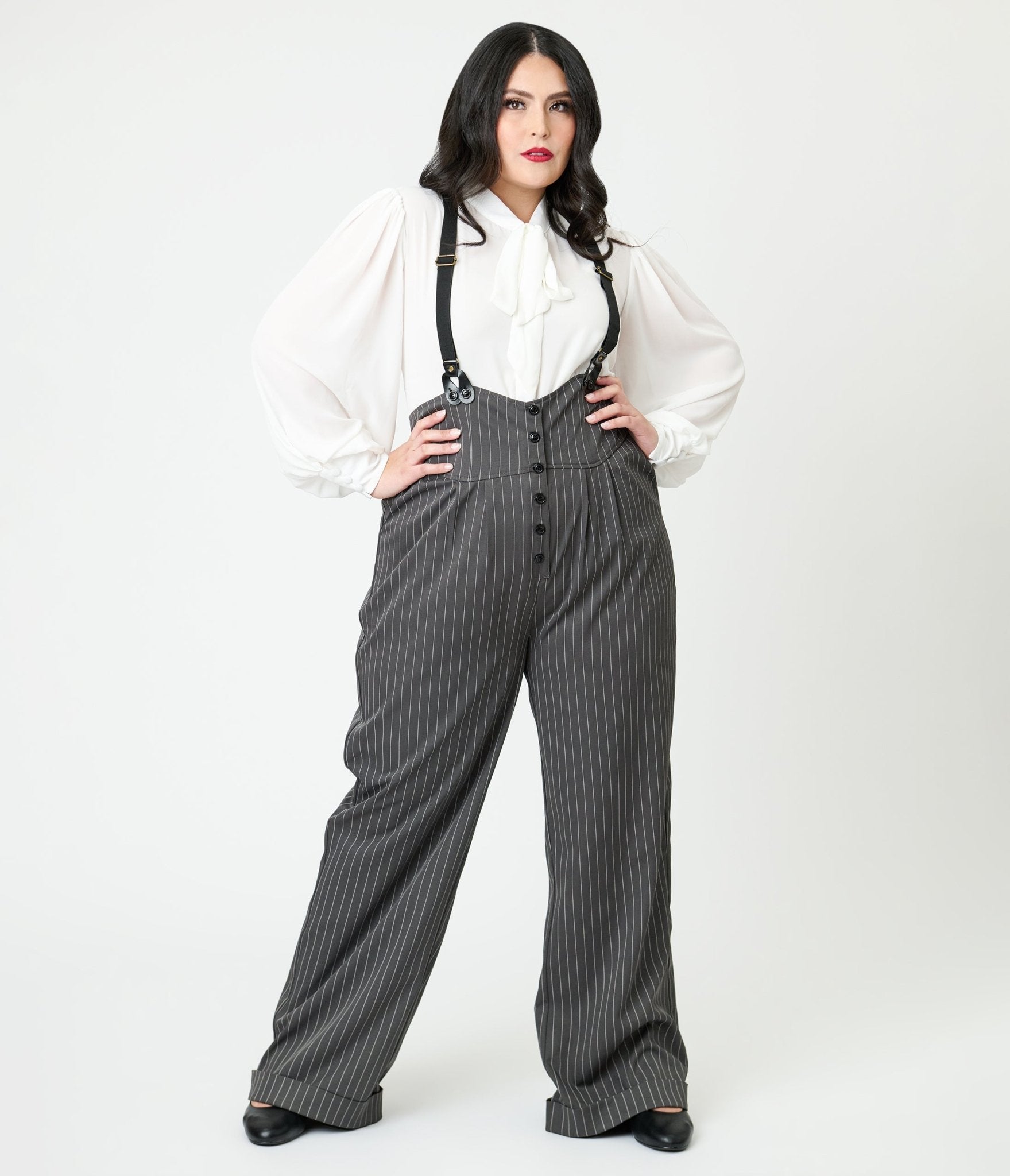Unique Vintage Plus Size Charcoal Pinstripe Thelma Suspender Pants - Unique Vintage - Womens, BOTTOMS, PANTS
