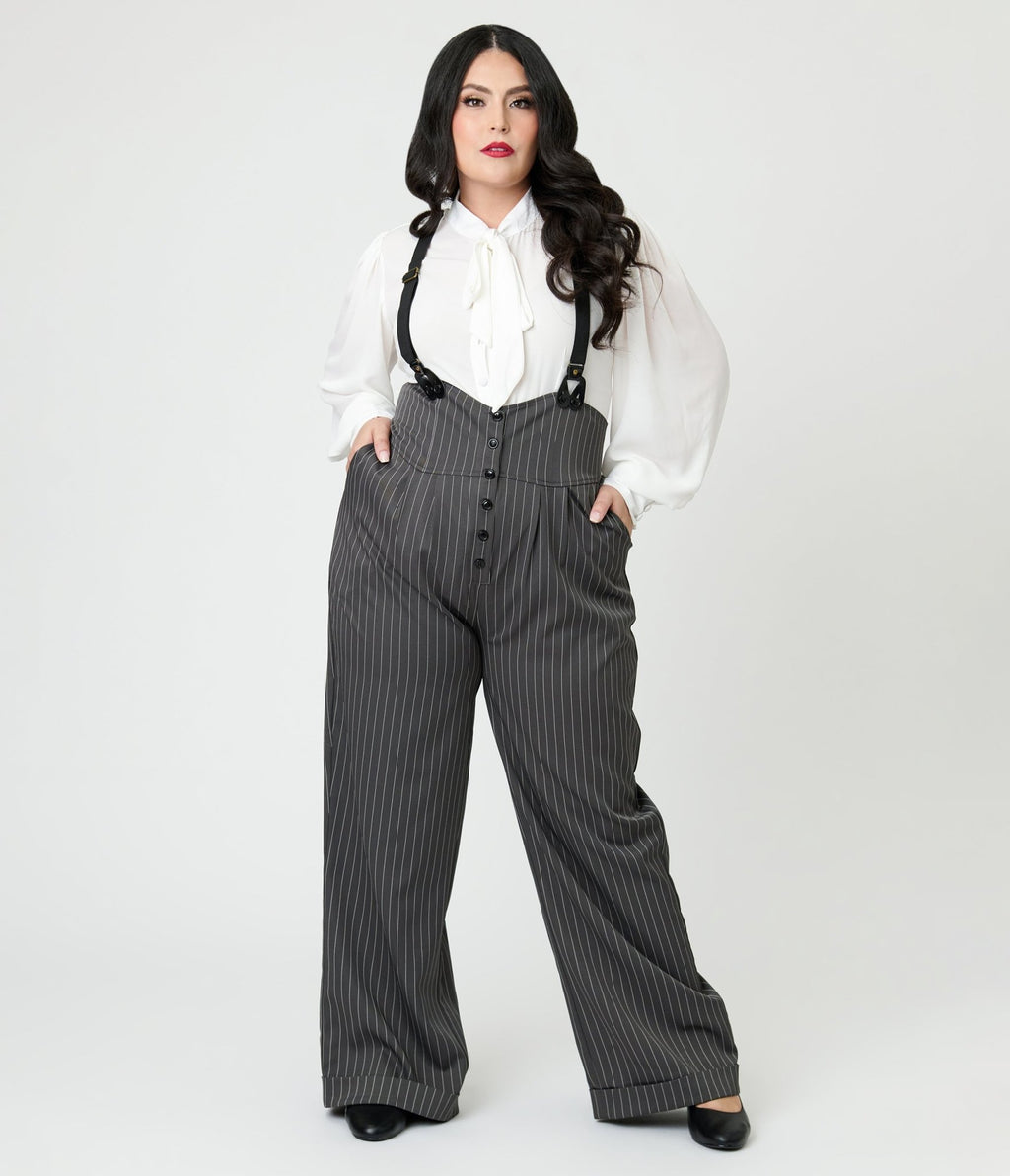 Unique Vintage Plus Size Charcoal Pinstripe Thelma Suspender Pants - Unique Vintage - Womens, BOTTOMS, PANTS