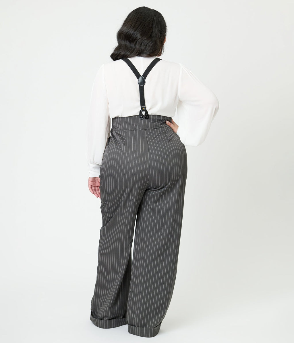 Unique Vintage Plus Size Charcoal Pinstripe Thelma Suspender Pants - Unique Vintage - Womens, BOTTOMS, PANTS