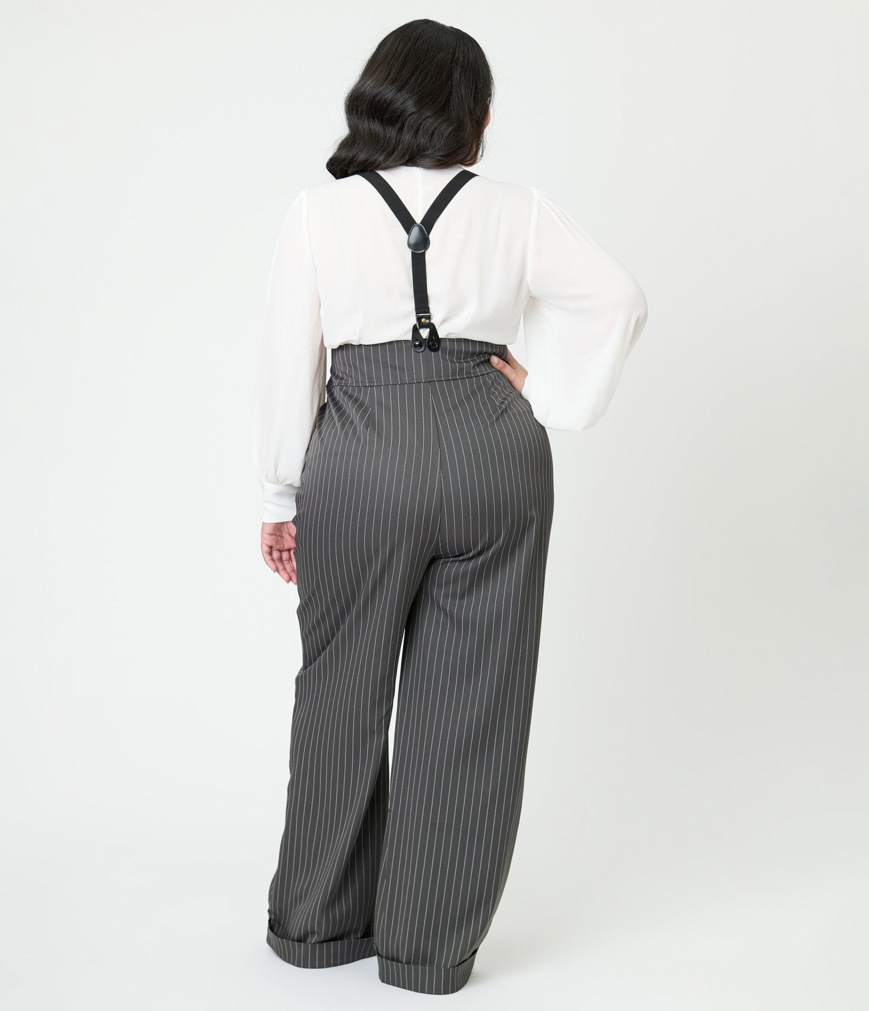 Unique Vintage Plus Size Charcoal Pinstripe Thelma Suspender Pants - Unique Vintage - Womens, BOTTOMS, PANTS