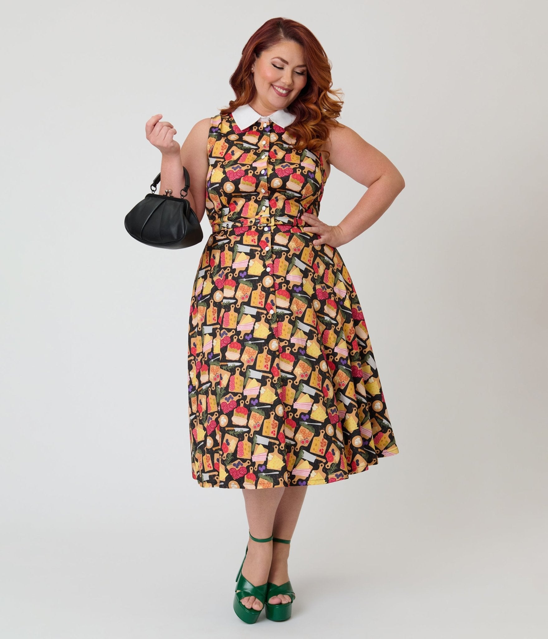 Unique Vintage Plus Size Charcuterie Print Darlene Swing Dress