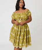 Unique Vintage Plus Size Chartreuse Eyelet Off The Shoulder Ruffle Swing Dress - Unique Vintage - Womens, DRESSES, SWING