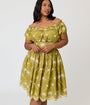 Unique Vintage Plus Size Chartreuse Eyelet Off The Shoulder Ruffle Swing Dress