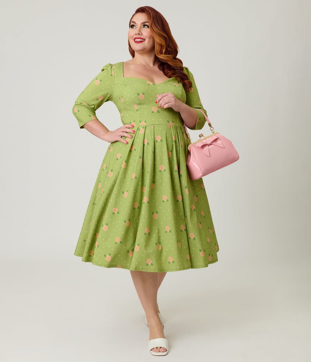 Unique Vintage Plus Size Chartreuse & Pink Rose Sweetheart Swing Dress - Unique Vintage - Womens, DRESSES, SWING