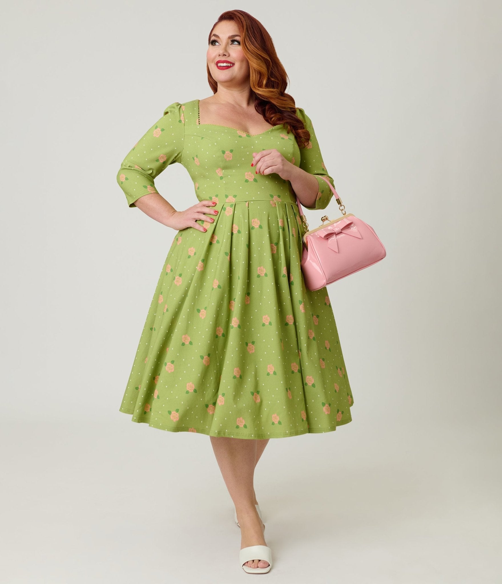 Unique Vintage Plus Size Chartreuse & Pink Rose Sweetheart Swing Dress