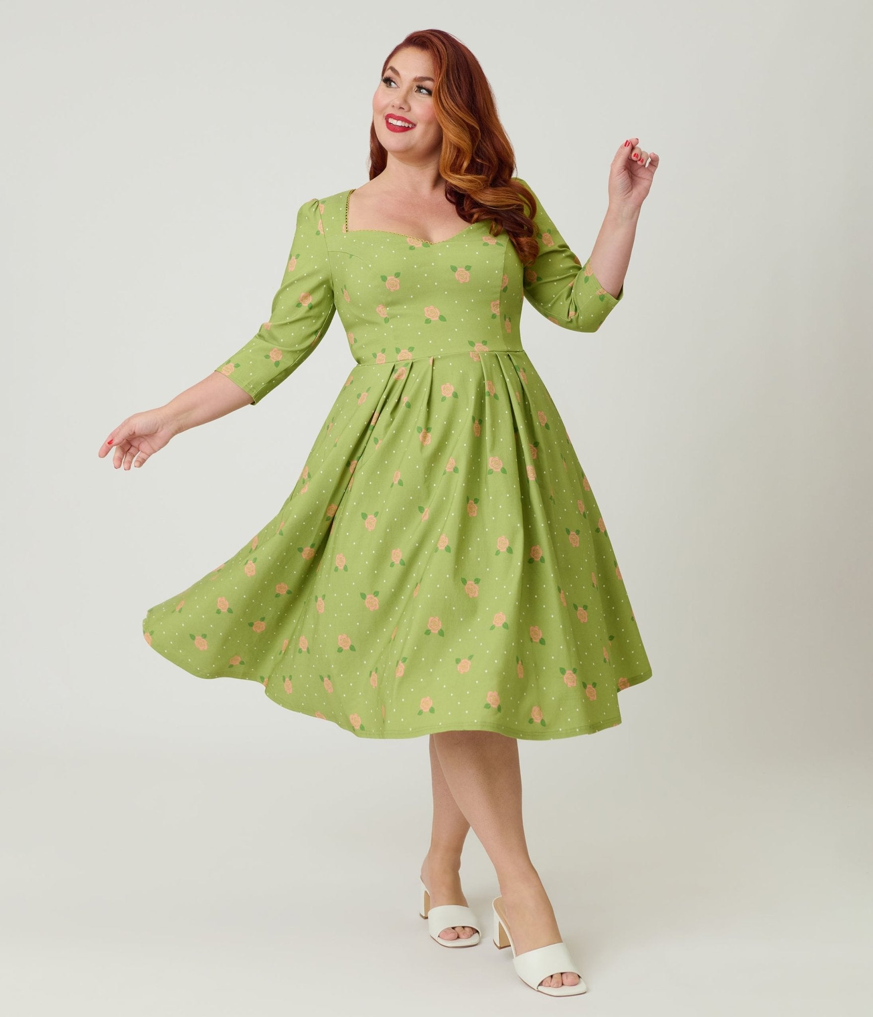 Unique Vintage Plus Size Chartreuse & Pink Rose Sweetheart Swing Dress - Unique Vintage - Womens, DRESSES, SWING