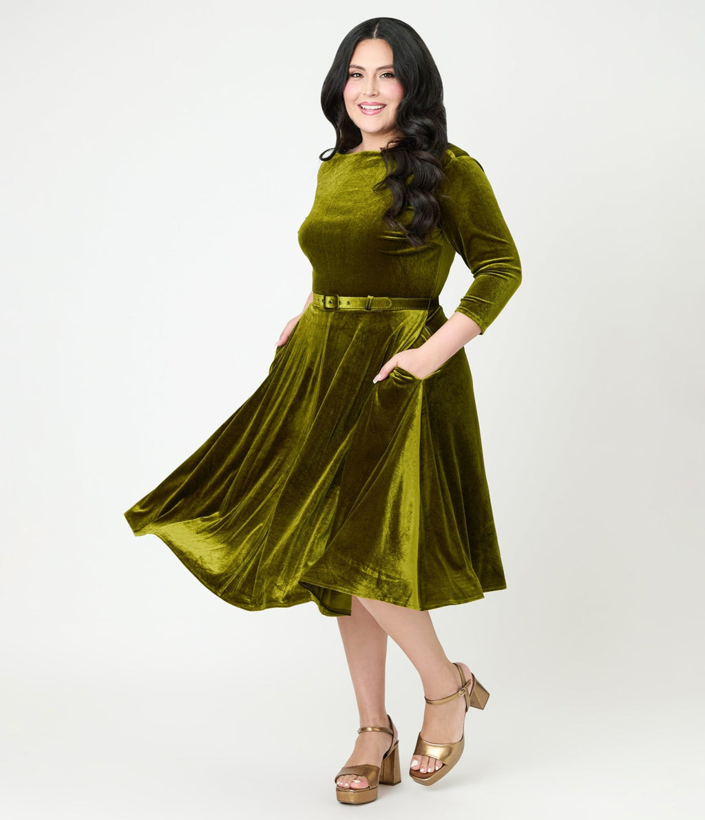Unique Vintage Plus Size Chartreuse Velvet Devon Swing Dress - Unique Vintage - Womens, DRESSES, SWING