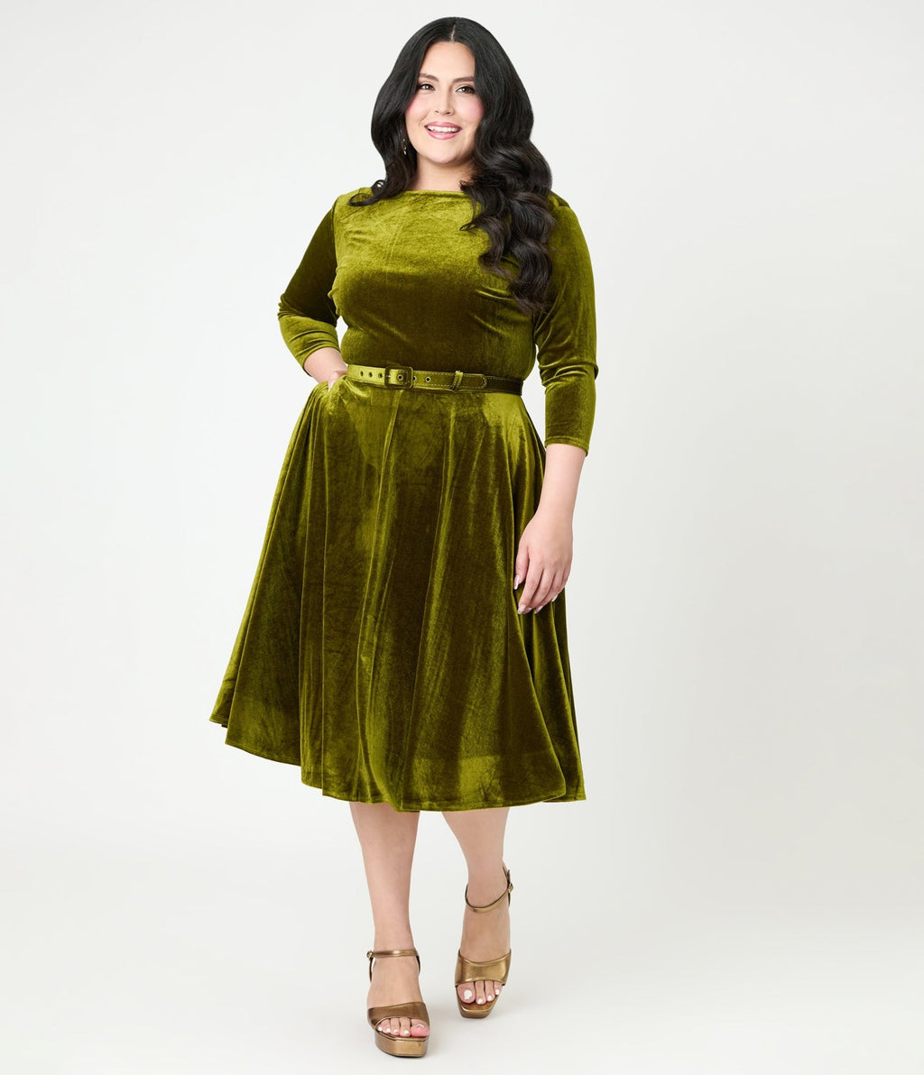 Unique Vintage Plus Size Chartreuse Velvet Devon Swing Dress - Unique Vintage - Womens, DRESSES, SWING