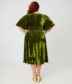 Unique Vintage Plus Size Chartreuse Velvet Flutter Sleeve Lenora Swing Dress - Unique Vintage -