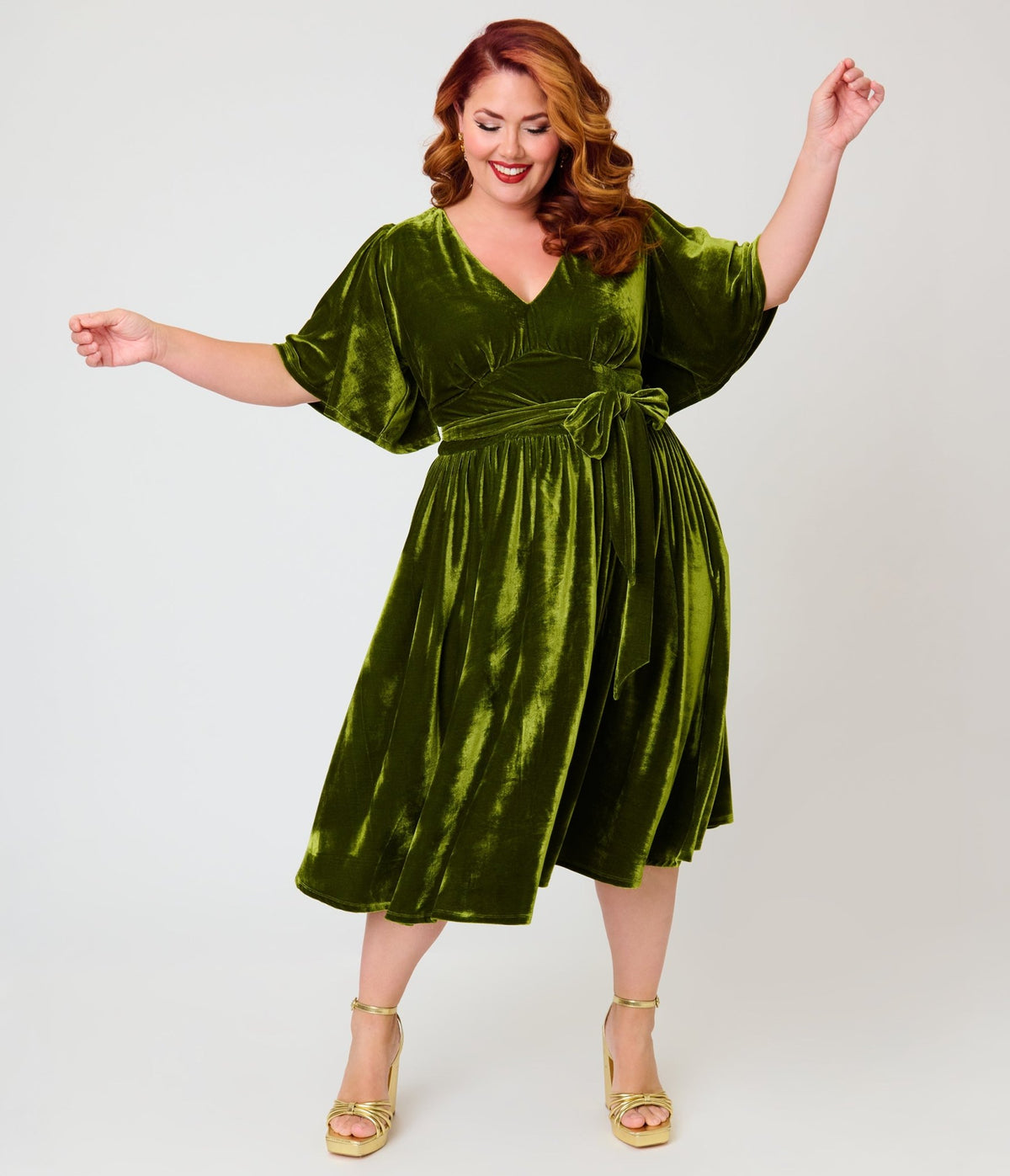 Unique Vintage Plus Size Chartreuse Velvet Flutter Sleeve Lenora Swing Dress - Unique Vintage -