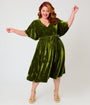 Unique Vintage Plus Size Chartreuse Velvet Flutter Sleeve Lenora Swing Dress