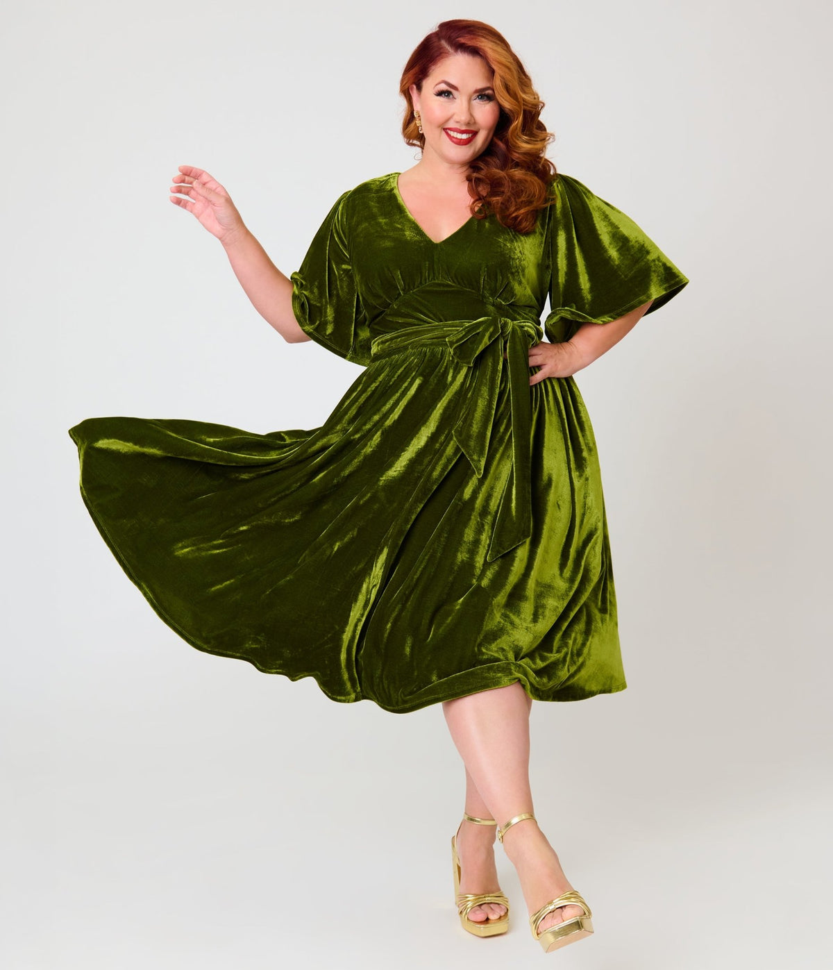 Unique Vintage Plus Size Chartreuse Velvet Flutter Sleeve Lenora Swing Dress - Unique Vintage -