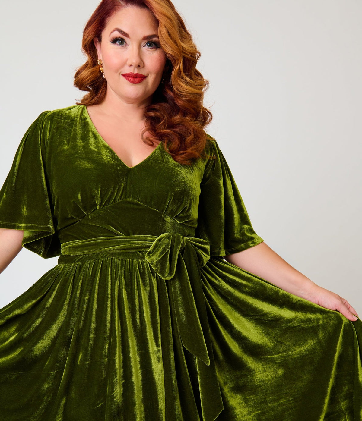 Unique Vintage Plus Size Chartreuse Velvet Flutter Sleeve Lenora Swing Dress - Unique Vintage -