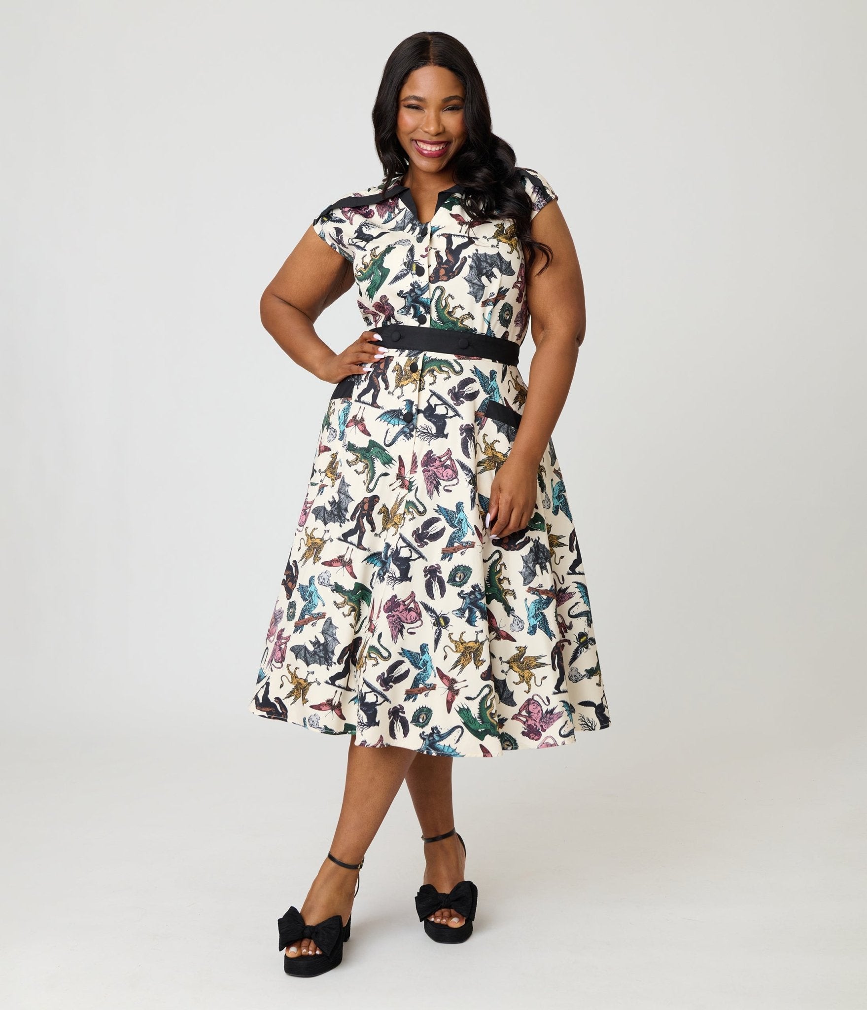 Unique Vintage Plus Size Cryptid Print Hedda Swing Dress